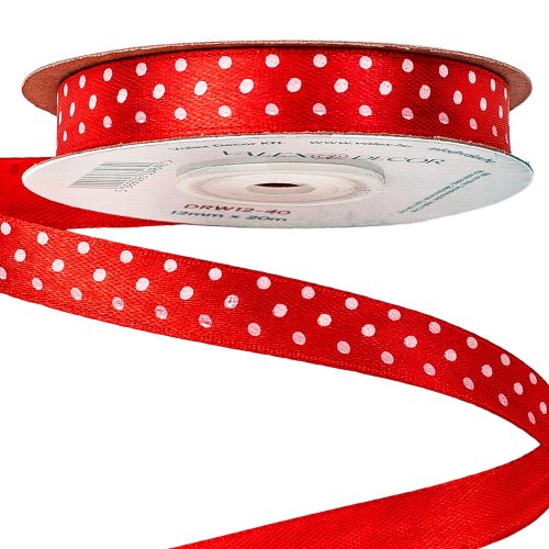 White dotted satin ribbon 12mm x 20m - Red