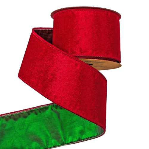 Red-Green velvet ribbon with wired edge 63mm x 5m