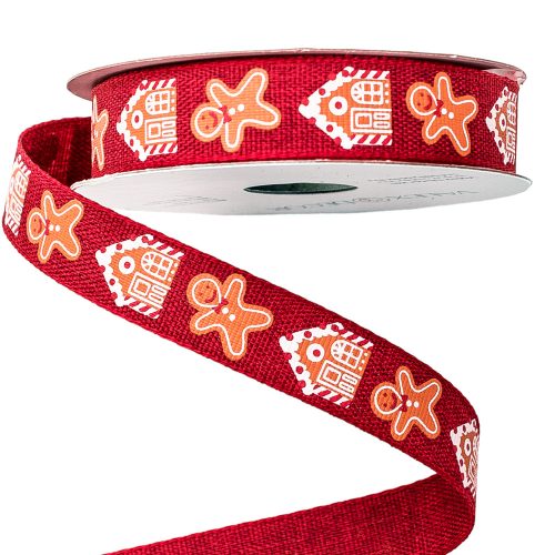 Gingerbread design Christmas ribbon 16mm x 6.4m - Red
