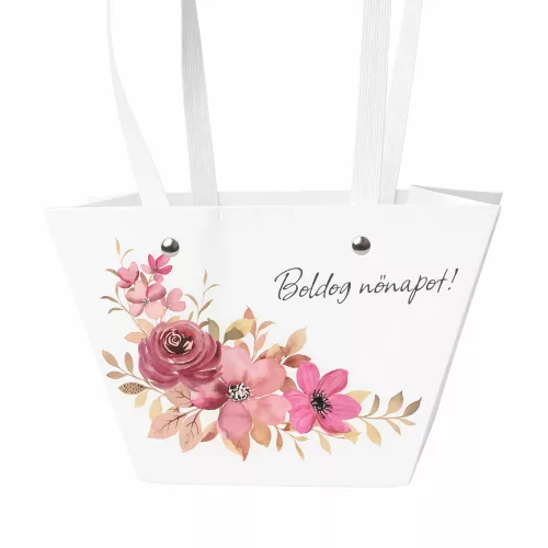 10db."Boldog nőnapot!" feliratos virág táska 20(h) x 12(sz) x 12(m) cm 