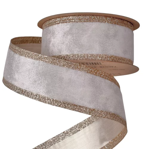 Pezsgő színű bársony szalag csillogó szélekkel, drótos szegéllyel 38mm x 5m