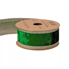   Sötétzöld bársony szalag csillogó szélekkel, drótos szegéllyel 38mm x 5m