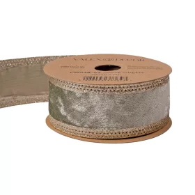   Zsályazöld bársony szalag csillogó szélekkel, drótos szegéllyel 38mm x 5m