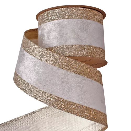 Pezsgő színű bársony szalag csillogó szélekkel, drótos szegéllyel 63mm x 5m