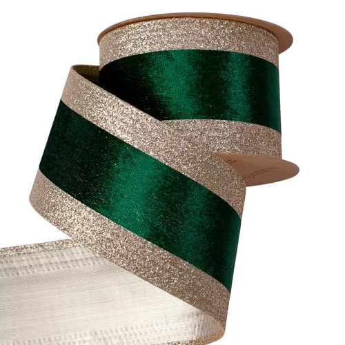 Sötétzöld bársony szalag csillogó szélekkel, drótos szegéllyel 63mm x 5m #2
