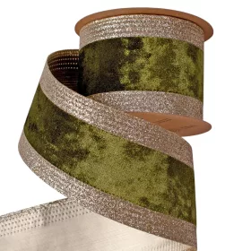   Mohazöld bársony szalag csillogó szélekkel, drótos szegéllyel 63mm x 5m
