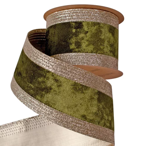Mohazöld bársony szalag csillogó szélekkel, drótos szegéllyel 63mm x 5m