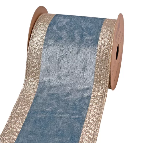 Égkék bársony szalag csillogó szélekkel, drótos szegéllyel 100mm x 5m