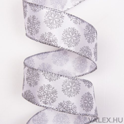 Ezüst glitter hópihés karácsonyi szatén szalag drótos szegéllyel 38mm x 6.4m - Fehér
