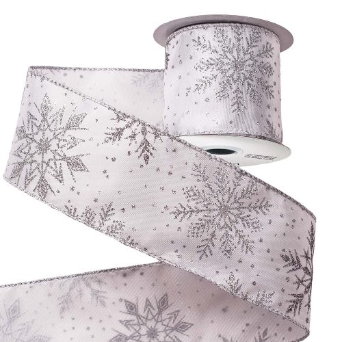 Shiny snowflake Christmas satin ribbon 64mm x 6.4m - White