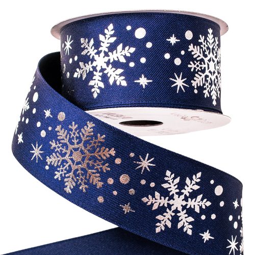 Silver Metallic snowflake premium satin ribbon with wired edge 38mm x 6.4m - Blue