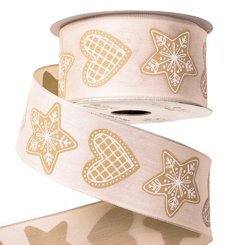 Gingerbread patterned textile ribbon with wired edge 38mm x 6.4m - Cream