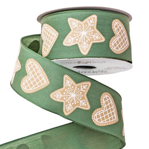 Gingerbread patterned textile ribbon with wired edge 38mm x 6.4m - Green