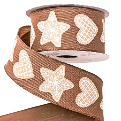 Gingerbread patterned textile ribbon with wired edge 38mm x 6.4m - Brown