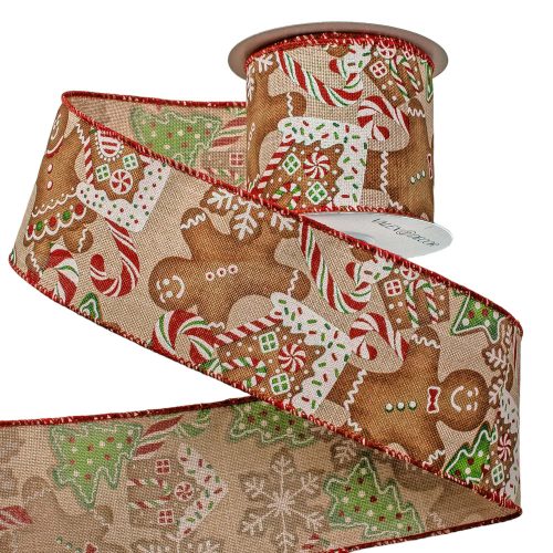 Gingerbread Christmas ribbon with wire edge 64mm x 6.4m - Nature