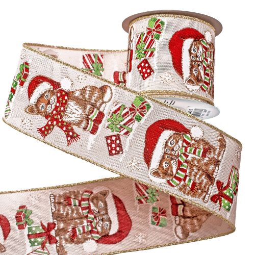 Cat Christmas ribbon with wire edge 64mm x 6.4m