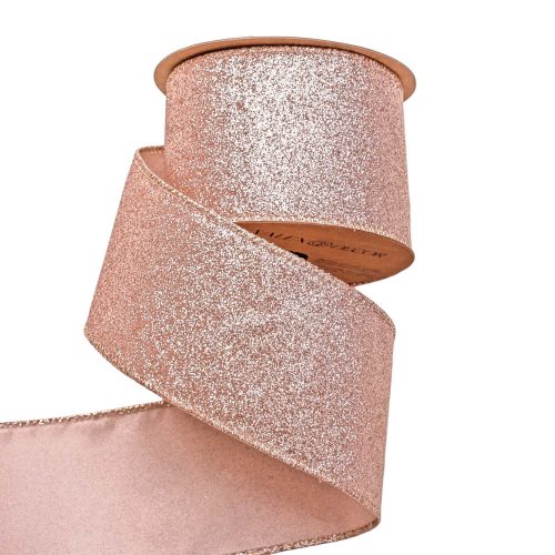 Glittery Christmas ribbon with wired edge 63mm x 5m - Rose Gold