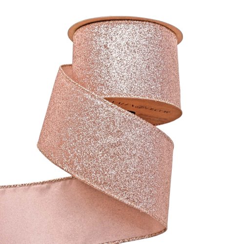 Glitteres karácsonyi szalag drótos szegéllyel 63mm x 5m - Rose Gold