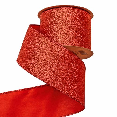 Glittery Christmas ribbon with wired edge 63mm x 5m - Red