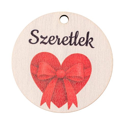 5db. "Szeretlek" feliratos, piros masnis szívecske dekor tábla, 5 cm