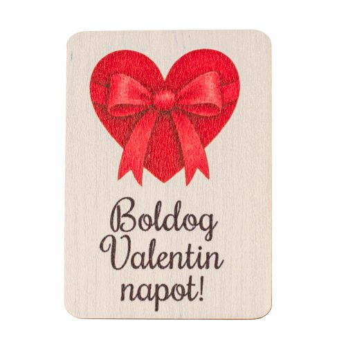 4db. "Boldog Valentin napot" feliratos, piros masnis szívecske dekor fa tábla, 7 × 5 cm