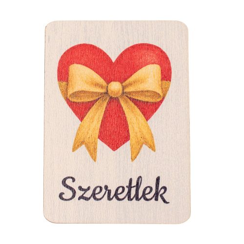 4db. "Szeretlek" feliratos, sárga masnis szívecske dekor fa tábla, 7 × 5 cm