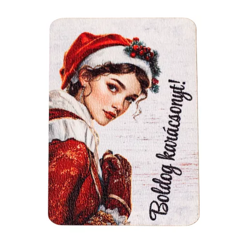 4db. "Boldog karácsonyt!" feliratos, ünnepi női portrés fa tábla 7 x 5 cm
