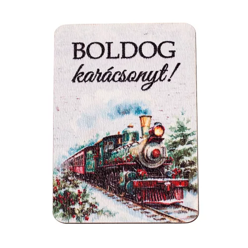 4db. "Boldog karácsonyt!" feliratos, gőzmozdonyos fa tábla 7 x 5 cm