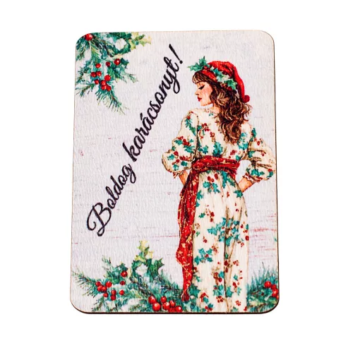 4db. "Boldog karácsonyt!" feliratos, női alakos fa tábla 7 x 5 cm