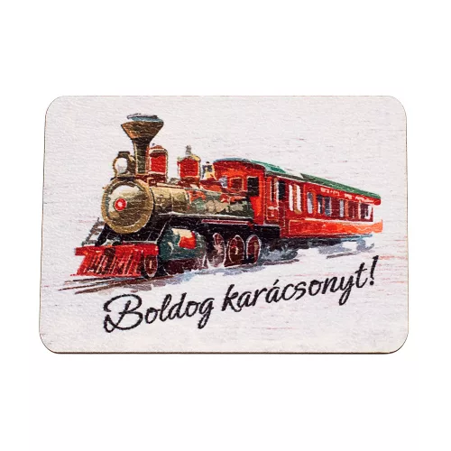 4pcs. "Boldog karácsonyt!" text inscribed wooden plaque with red train motif, 7 x 5 cm