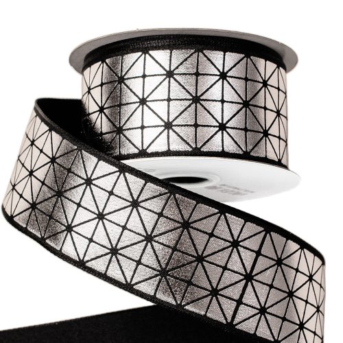 Premium decor ribbon with shiny silver pattern, with wired edge 38mm x 6.4m