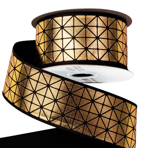 Premium decor ribbon with shiny gold pattern, with wired edge 38mm x 6.4m