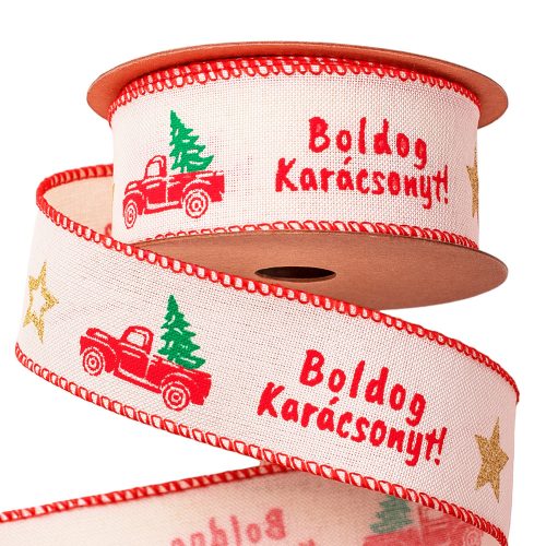 Retro car decor ribbon with "Boldog Karácsonyt!" inscription, with wired edge 38mm x 9.1m