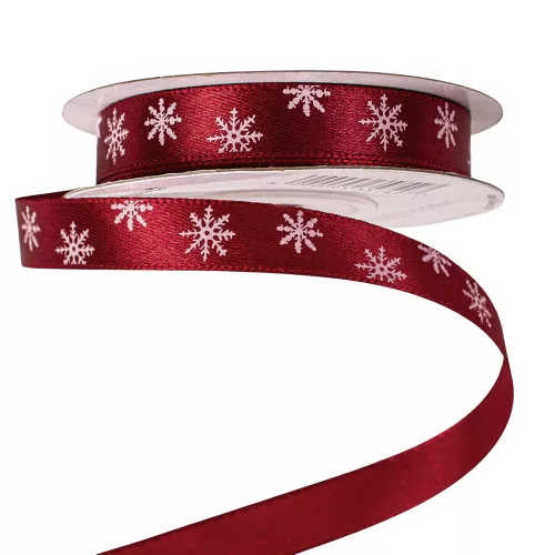 Christmas satin ribbon with snowflake pattern 12mm x 20m – Burgundy