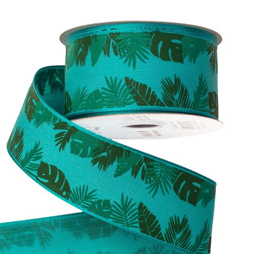 Monstera leaf pattern textil ribbon with wired edge 38mm x 6.4m