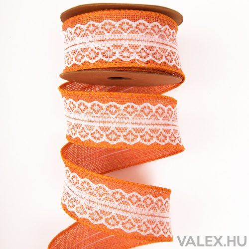Lacy jute ribbon with wire edge 4cm x 5m - Orange