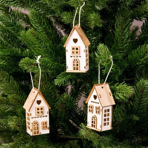 3pcs. Wooden house, 3D Christmas tree decoration 3 x 7.5cm - White