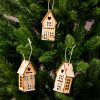 3pcs. Wooden house, 3D Christmas tree decoration 3 x 7.5cm - Nature