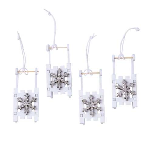 4pcs. Silver snowflake hanging sledge Christmas decor 6.5cm