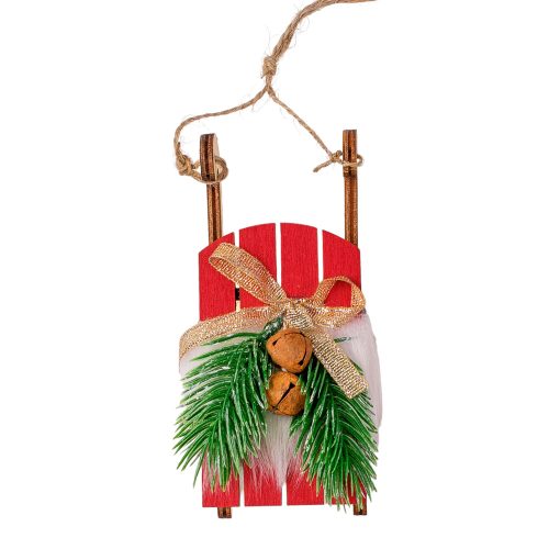 Furry wooden sled Christmas tree decoration 12.5cm x 3.5cm - Red