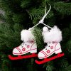 1 pair of furry wooden skates Christmas tree decoration, 8.5 x 7 x 20.5cm - Red/White