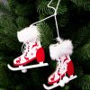 1 pair of furry wooden skates Christmas tree decoration, 8.5 x 7 x 20.5cm - Red/White