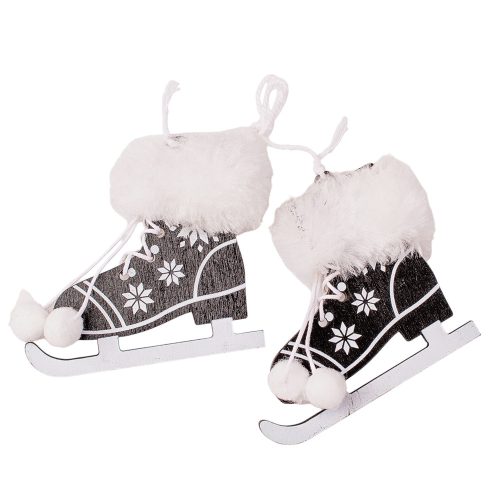 1 pair of furry wooden skates Christmas tree decoration, 8.5 x 7 x 20.5cm - Black/White