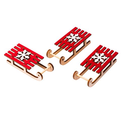 3 pcs. Wooden sled ornament 8 x 2.5cm - Red