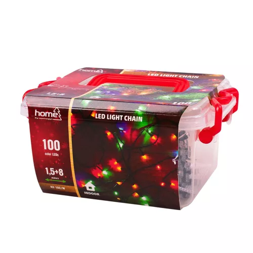 LED fényfüzér 8m, 100 db színes LED, állófényű, zöld vezetékkel, hálózati adapterrel, beltéri használatra