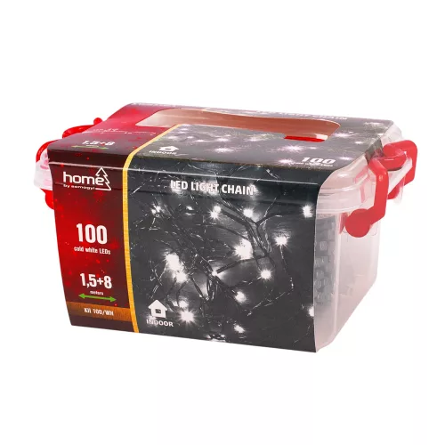 LED fényfüzér 8m, 100 db hidegfehér LED, állófényű, zöld vezetékkel, hálózati adapterrel, beltéri használatra