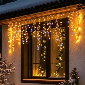   LED-es sziporkázó jégcsap fényfüggöny, 5 + 5m, kültéri, 300 db DOT LED (melegfehérek között villogó hidegfehérek)