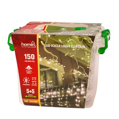 LED fényfüggöny 5m, 150 db hidegfehér LED, 8 fényprogrammal, fehér vezetékkel, hálózati adapterrel, kül- és beltéri használatra