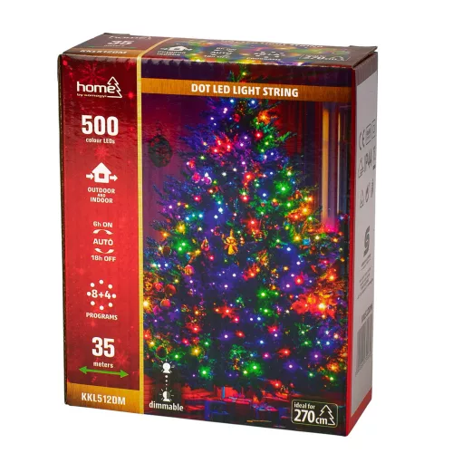 DOT LED fényfüzér 35 m, 500 db színes LED, 8+4 fényprogrammal, időzítővel és állítható fényerővel, átlátszó vezetékkel, kül- és beltéri használatra