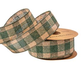   Kockás vászon szalag drótos szegéllyel 40mm x 10m - Zöld/Ekrü